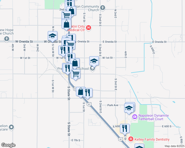 map of restaurants, bars, coffee shops, grocery stores, and more near 151 East 2nd South in Preston