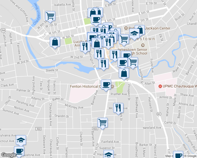 map of restaurants, bars, coffee shops, grocery stores, and more near 7 Barrett Avenue in Jamestown