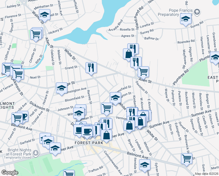 map of restaurants, bars, coffee shops, grocery stores, and more near 12-14 Crown Street in Springfield