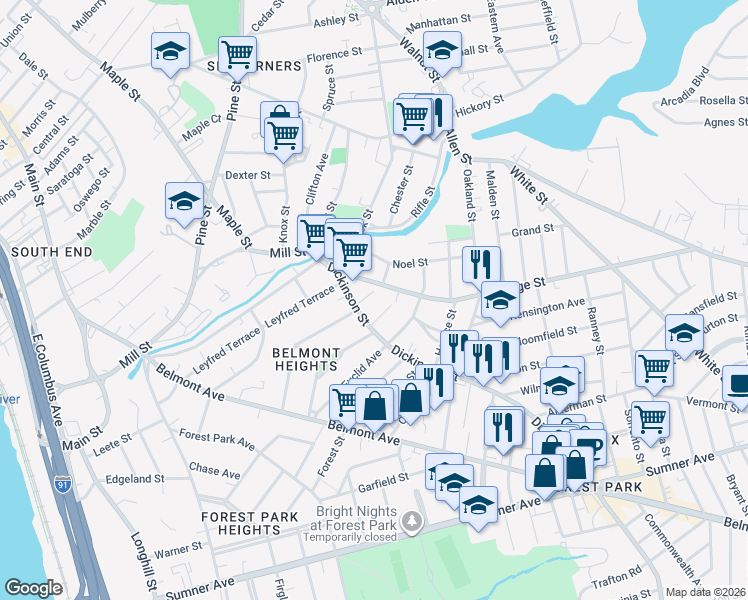 map of restaurants, bars, coffee shops, grocery stores, and more near 95 Dickinson Street in Springfield