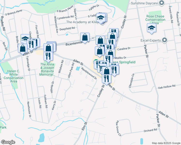 map of restaurants, bars, coffee shops, grocery stores, and more near 6 Cluster Circle in Springfield