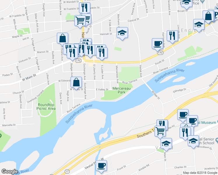map of restaurants, bars, coffee shops, grocery stores, and more near 508 Casterline Avenue in Endicott