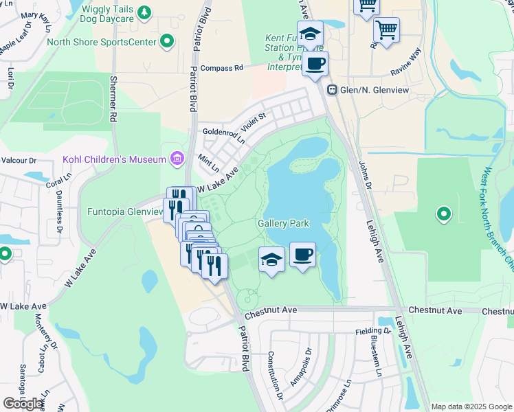 map of restaurants, bars, coffee shops, grocery stores, and more near in Glenview