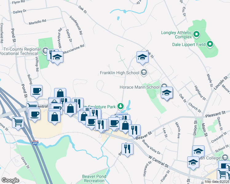 map of restaurants, bars, coffee shops, grocery stores, and more near 13 Highwood Drive in Franklin