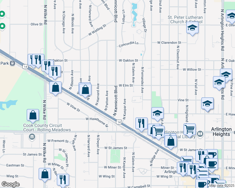 map of restaurants, bars, coffee shops, grocery stores, and more near 737 North Kennicott Avenue in Arlington Heights