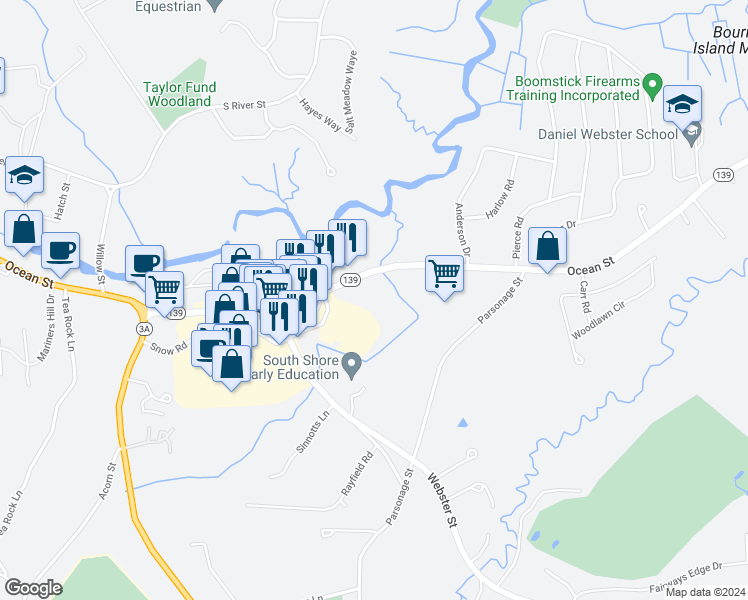 map of restaurants, bars, coffee shops, grocery stores, and more near 1831 Ocean Street in Marshfield