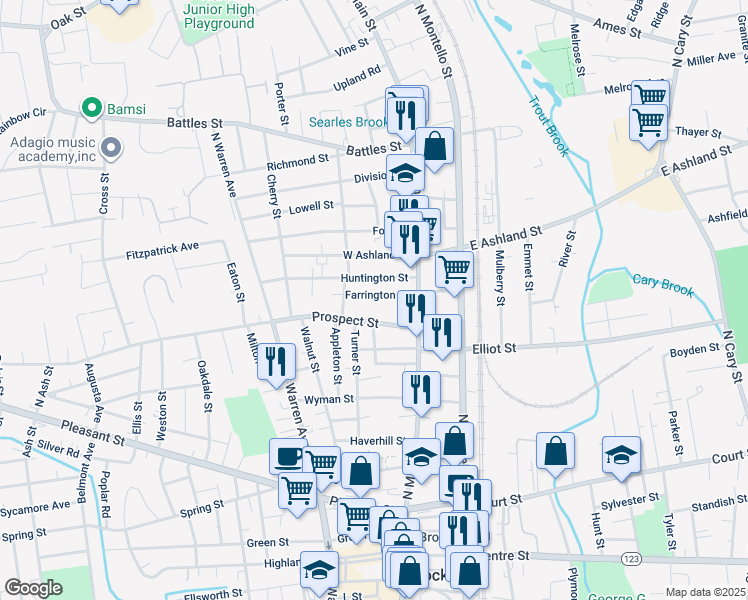 map of restaurants, bars, coffee shops, grocery stores, and more near 25 Prospect Street in Brockton