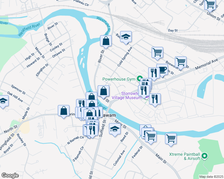 map of restaurants, bars, coffee shops, grocery stores, and more near 21 River Street in West Springfield
