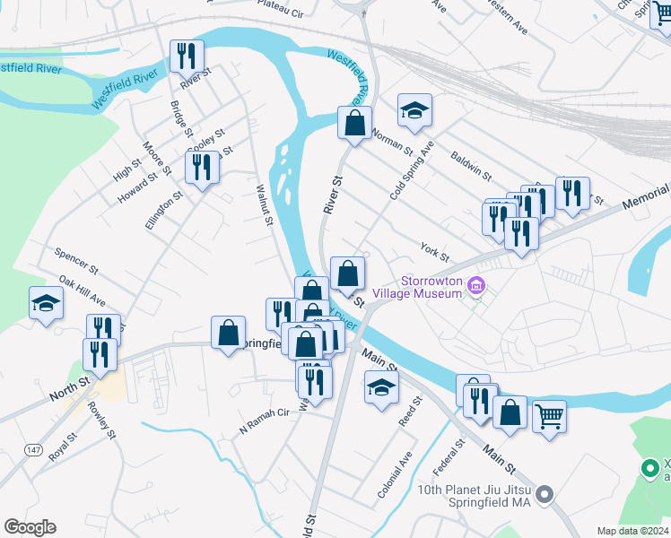 map of restaurants, bars, coffee shops, grocery stores, and more near 20-148 River Street in West Springfield