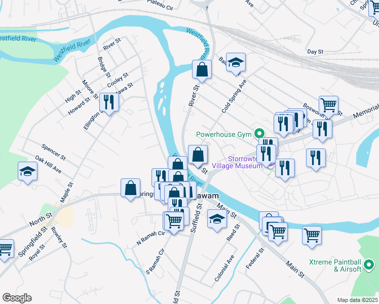 map of restaurants, bars, coffee shops, grocery stores, and more near 20-148 River Street in West Springfield