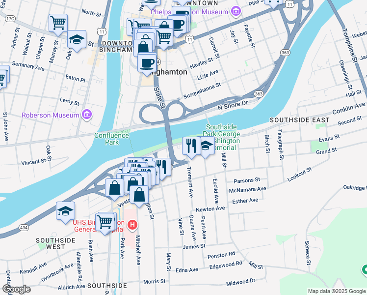 map of restaurants, bars, coffee shops, grocery stores, and more near 26 Conklin Avenue in Binghamton