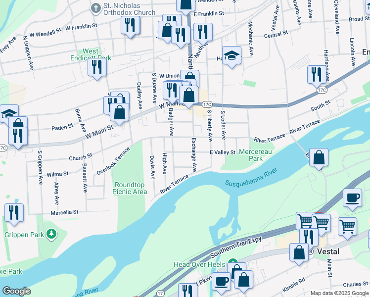 map of restaurants, bars, coffee shops, grocery stores, and more near 112 West Valley Street in Endicott