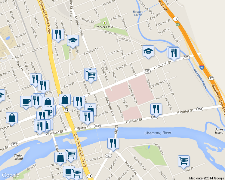 map of restaurants, bars, coffee shops, grocery stores, and more near 200 Madison Avenue in Elmira