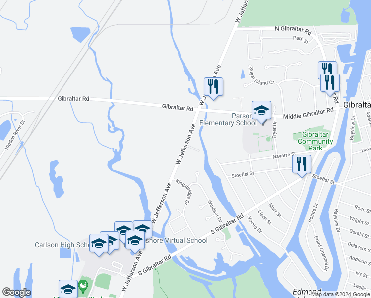 map of restaurants, bars, coffee shops, grocery stores, and more near 29505 West Jefferson Avenue in Rockwood
