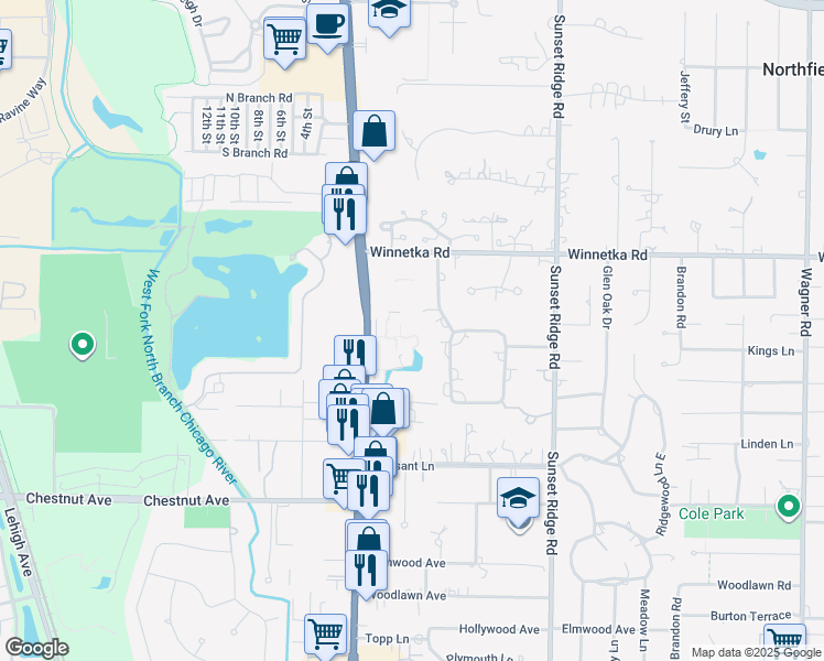 map of restaurants, bars, coffee shops, grocery stores, and more near 2029 Ammer Ridge Court in Glenview