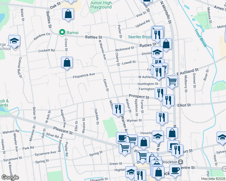 map of restaurants, bars, coffee shops, grocery stores, and more near 155 Prospect Street in Brockton