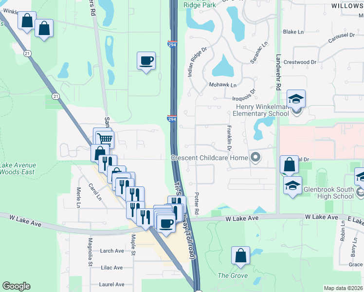 map of restaurants, bars, coffee shops, grocery stores, and more near 1922 Ivy Lane in Glenview