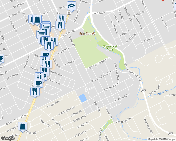map of restaurants, bars, coffee shops, grocery stores, and more near 539 Glenwood Boulevard in Erie
