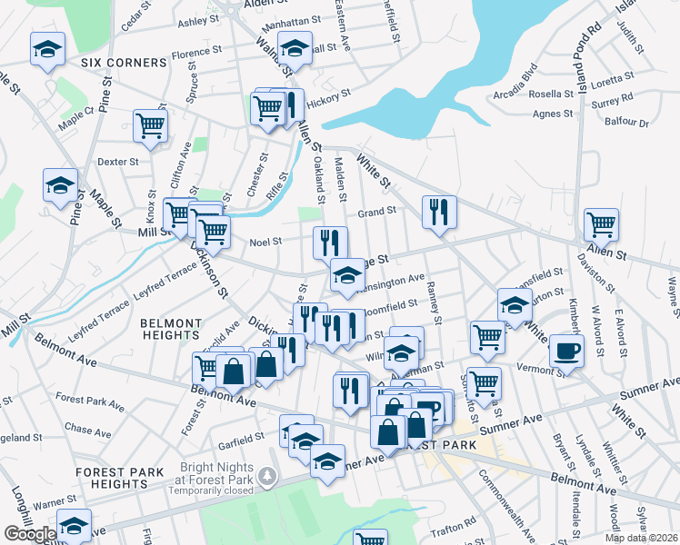 map of restaurants, bars, coffee shops, grocery stores, and more near 9 Kensington Avenue in Springfield