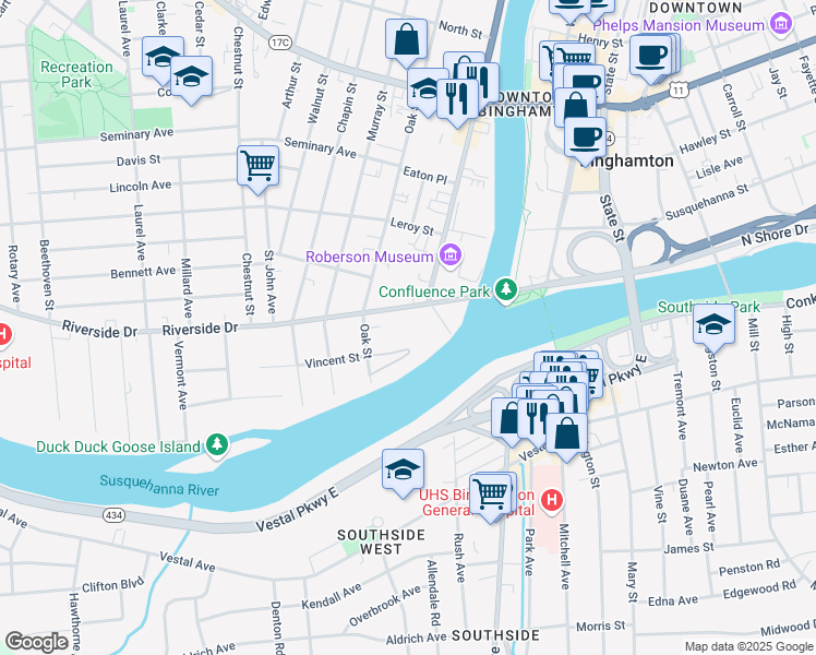 map of restaurants, bars, coffee shops, grocery stores, and more near 3 Riverside Drive in Binghamton