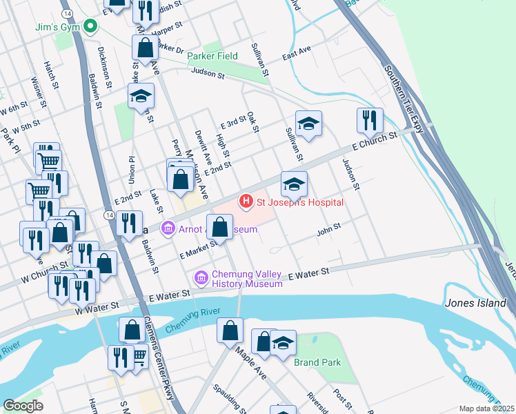 map of restaurants, bars, coffee shops, grocery stores, and more near 555 St Joseph's Boulevard in Elmira