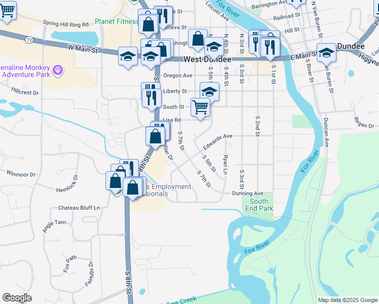 map of restaurants, bars, coffee shops, grocery stores, and more near 536 South 5th Street in West Dundee