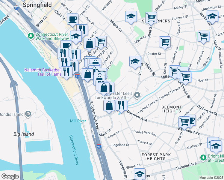 map of restaurants, bars, coffee shops, grocery stores, and more near 39 Acushnet Avenue in Springfield