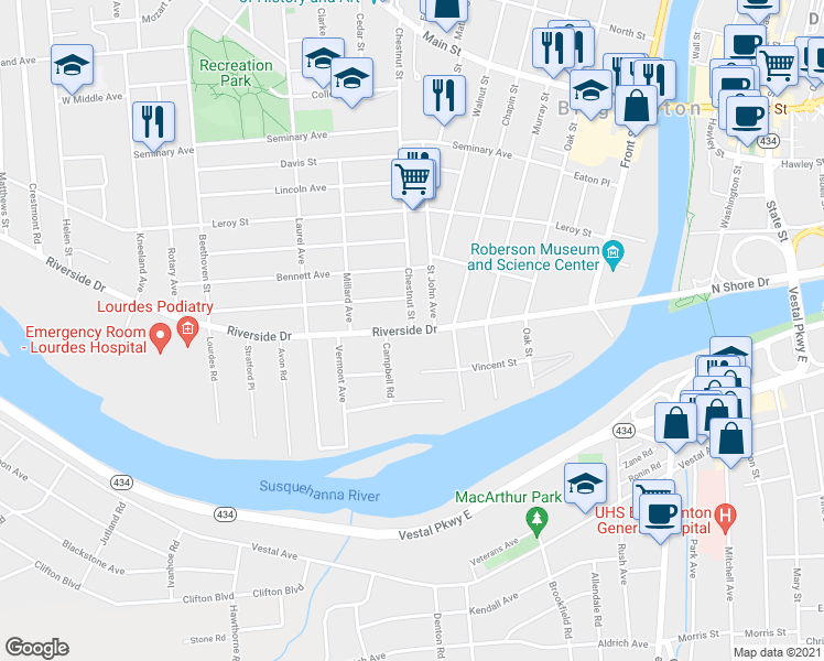 map of restaurants, bars, coffee shops, grocery stores, and more near Riverside Drive & Chestnut Street in Binghamton