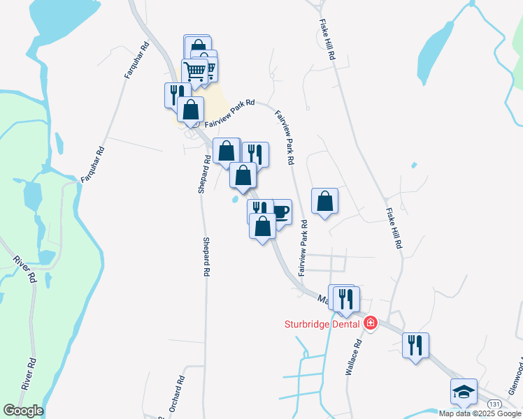 map of restaurants, bars, coffee shops, grocery stores, and more near Main Street in Southbridge