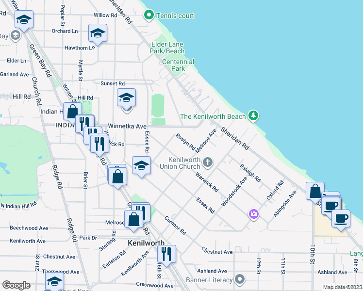 map of restaurants, bars, coffee shops, grocery stores, and more near 533 Roslyn Road in Kenilworth