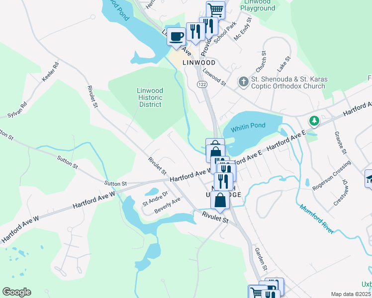map of restaurants, bars, coffee shops, grocery stores, and more near 111 Elm Street in Uxbridge