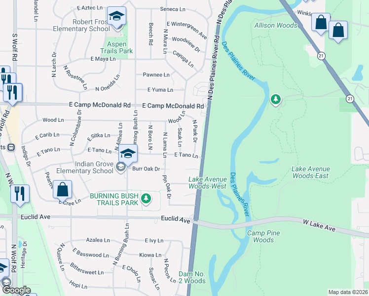 map of restaurants, bars, coffee shops, grocery stores, and more near 1410 North Park Drive in Mount Prospect