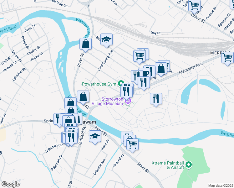 map of restaurants, bars, coffee shops, grocery stores, and more near 1452 Memorial Avenue in West Springfield