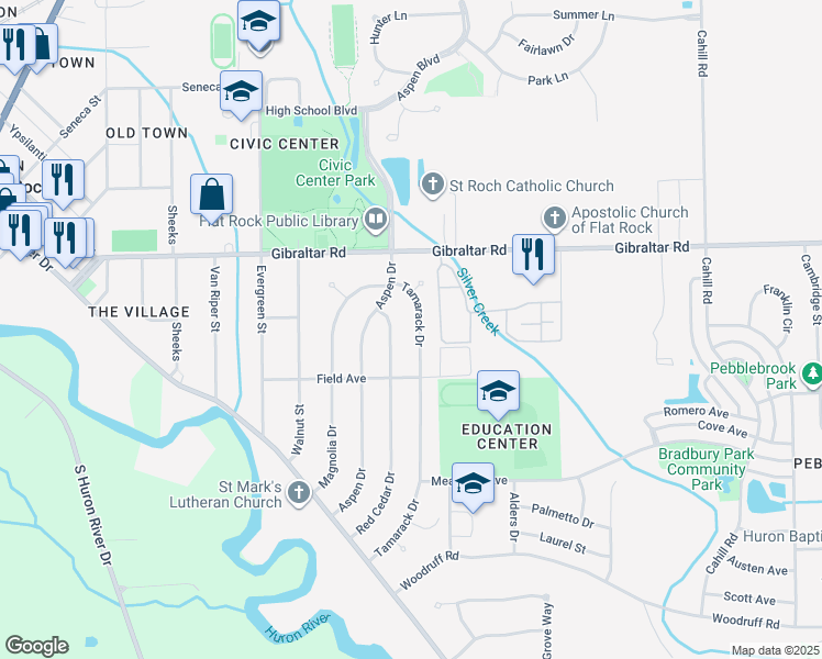 map of restaurants, bars, coffee shops, grocery stores, and more near 29287 Redcedar Drive in Flat Rock