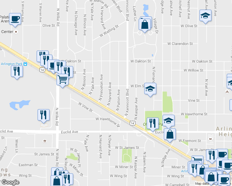 map of restaurants, bars, coffee shops, grocery stores, and more near 1011-1099 West Elm Street in Arlington Heights