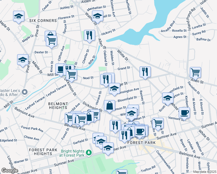 map of restaurants, bars, coffee shops, grocery stores, and more near Orange St & Oakland St in Springfield