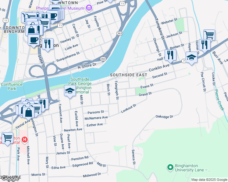 map of restaurants, bars, coffee shops, grocery stores, and more near in Binghamton