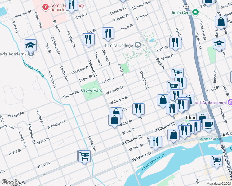 map of restaurants, bars, coffee shops, grocery stores, and more near 416 West Fourth Street in Elmira