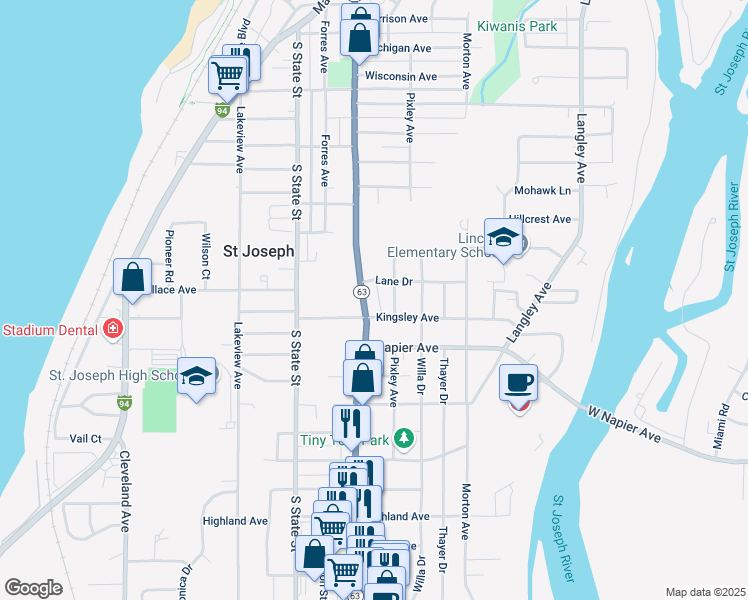 map of restaurants, bars, coffee shops, grocery stores, and more near 2240 Mount Curve Avenue in St. Joseph