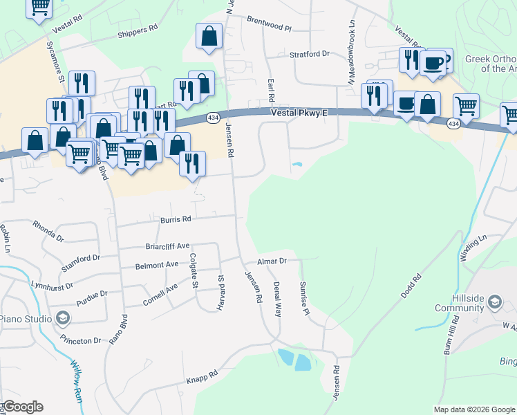map of restaurants, bars, coffee shops, grocery stores, and more near 209 Jensen Rd in Vestal