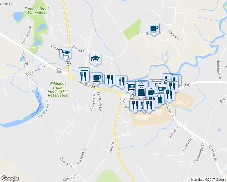 map of restaurants, bars, coffee shops, grocery stores, and more near 2025 Ocean Street in Marshfield