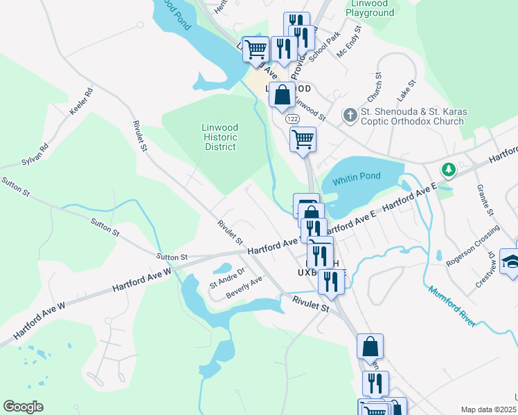 map of restaurants, bars, coffee shops, grocery stores, and more near 111 Elm Street in Uxbridge