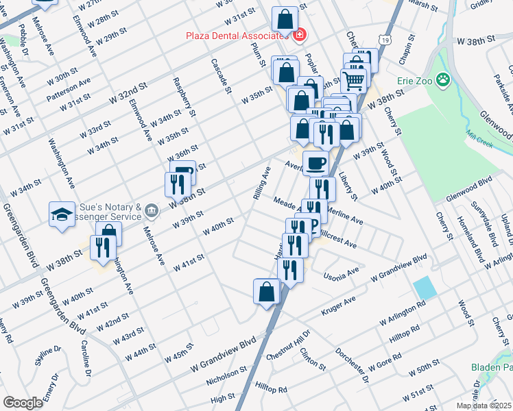 map of restaurants, bars, coffee shops, grocery stores, and more near 3914 Rilling Ave in Erie