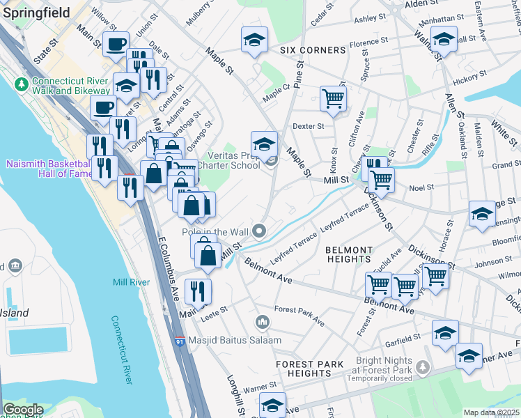 map of restaurants, bars, coffee shops, grocery stores, and more near 132 Mill Street in Springfield