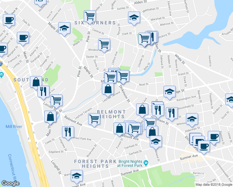 map of restaurants, bars, coffee shops, grocery stores, and more near 193 Leyfred Terrace in Springfield