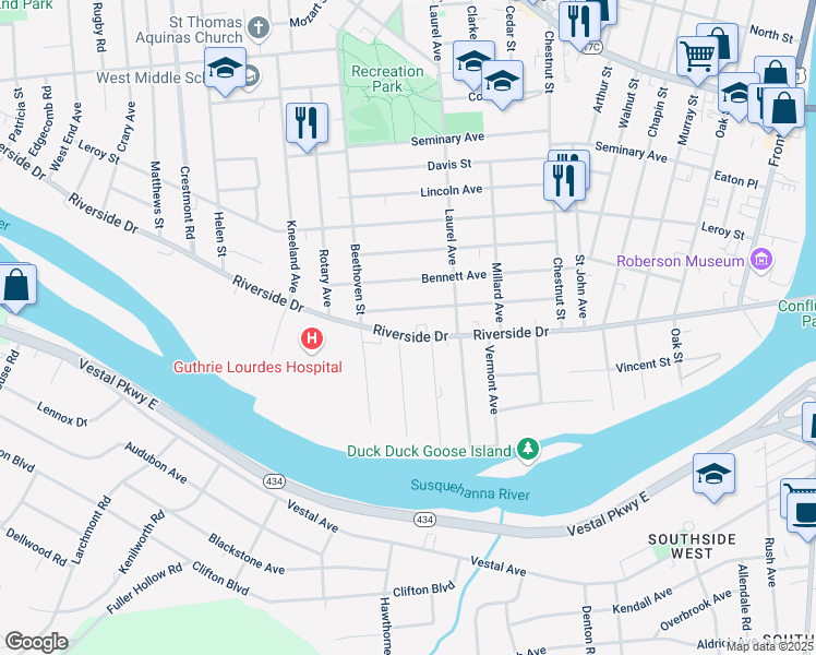 map of restaurants, bars, coffee shops, grocery stores, and more near 140 Riverside Drive in Binghamton