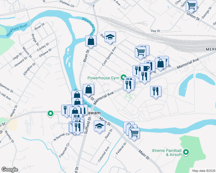 map of restaurants, bars, coffee shops, grocery stores, and more near 57 York Street in West Springfield