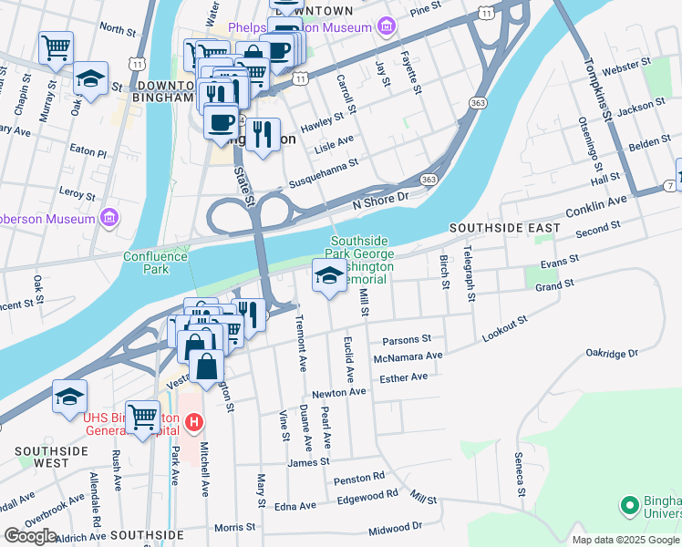map of restaurants, bars, coffee shops, grocery stores, and more near 82 Conklin Avenue in Binghamton