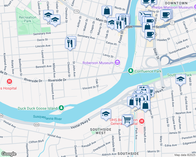 map of restaurants, bars, coffee shops, grocery stores, and more near 9 Riverside Drive in Binghamton