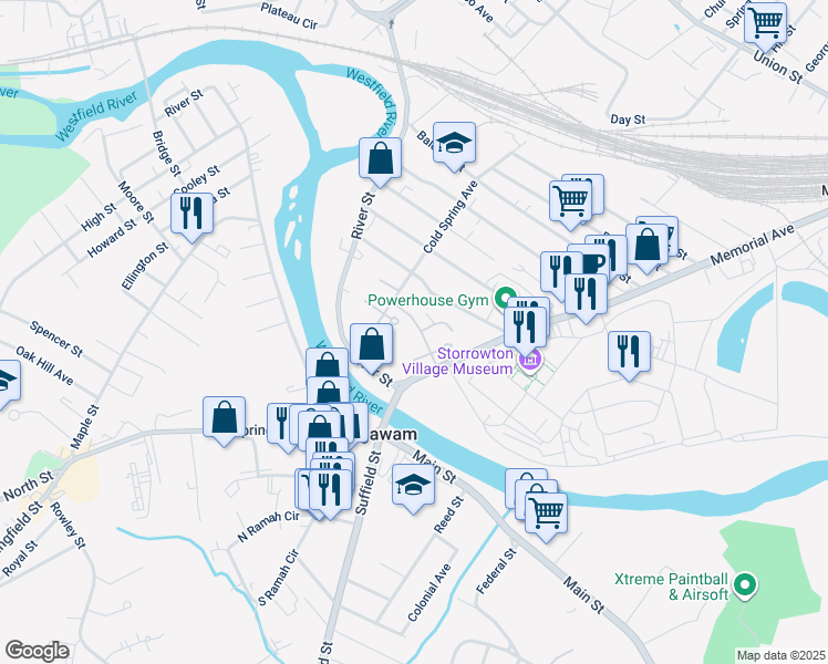 map of restaurants, bars, coffee shops, grocery stores, and more near 47 Colony Road in West Springfield